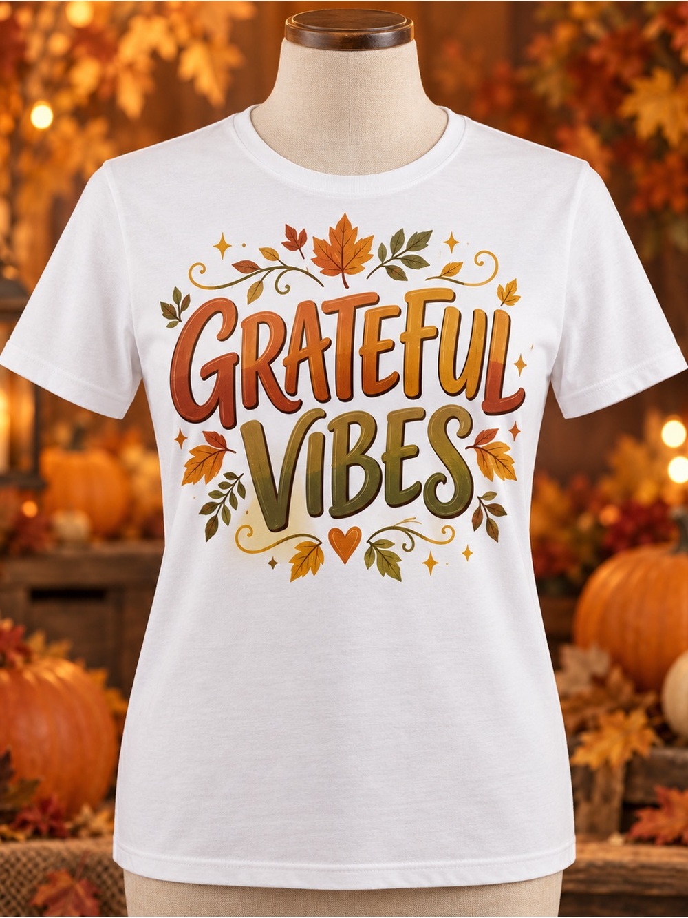 Gildan White Women’s 'Grateful Vibes' Graphic Tee with Autumn Lettering